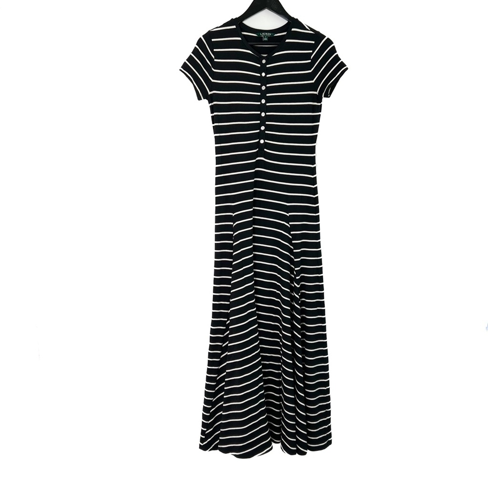 Lauren Ralph Lauren Dress Striped Jersey Maxi Dress Black White - Picture 2 of 6